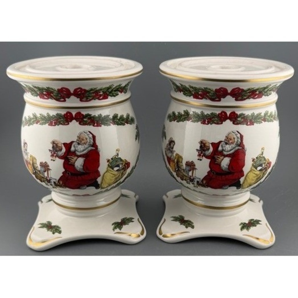 Vintage Franklin Mint Night Before Christmas Santa Taper Pillar Candlesticks